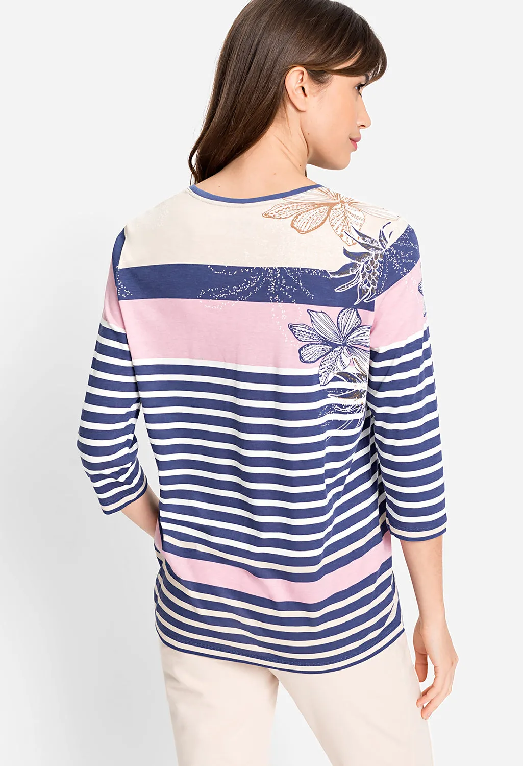 3/4 Sleeve Round Neck Floral and Stripe T-Shirt