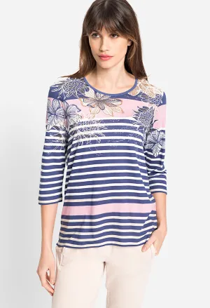 3/4 Sleeve Round Neck Floral and Stripe T-Shirt