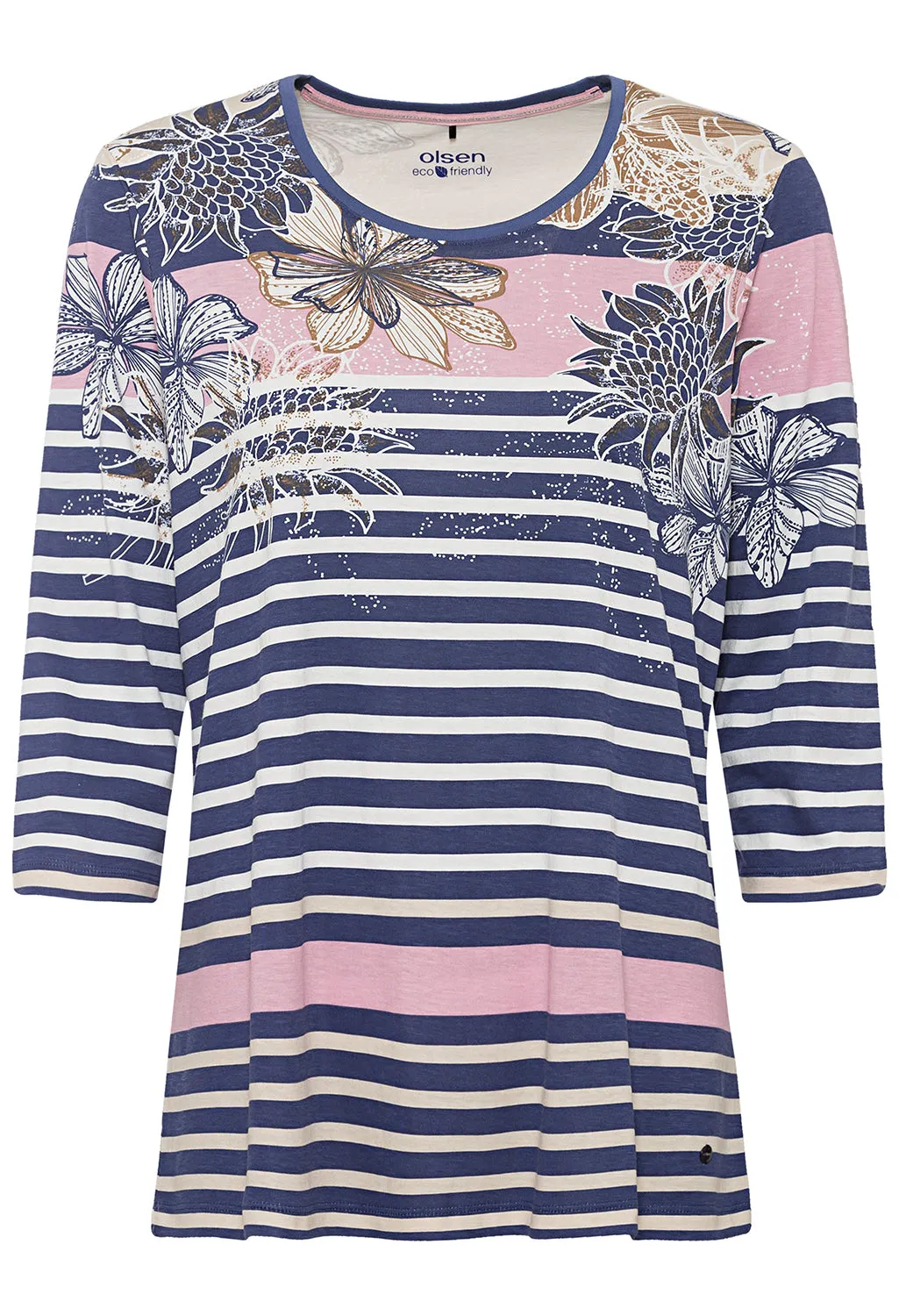 3/4 Sleeve Round Neck Floral and Stripe T-Shirt