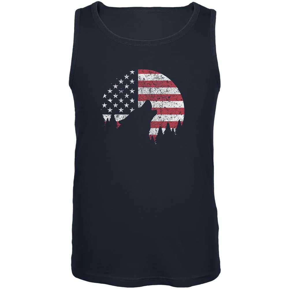 4th Of July Wolf Silhouette Flag Moon Mens Tank Top