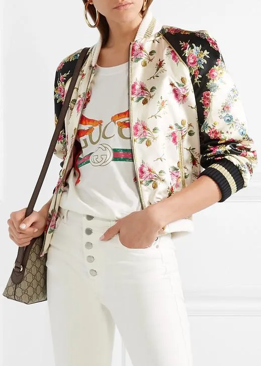 Appliquéd Floral-Print Duchesse Bomber Jacket