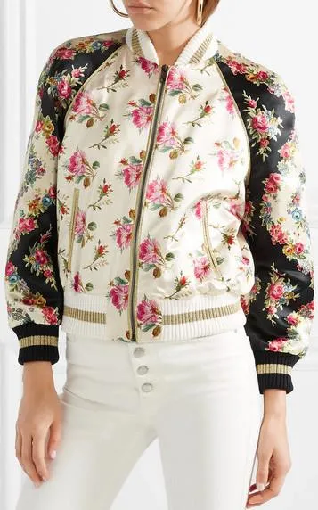 Appliquéd Floral-Print Duchesse Bomber Jacket