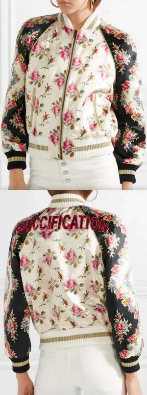 Appliquéd Floral-Print Duchesse Bomber Jacket