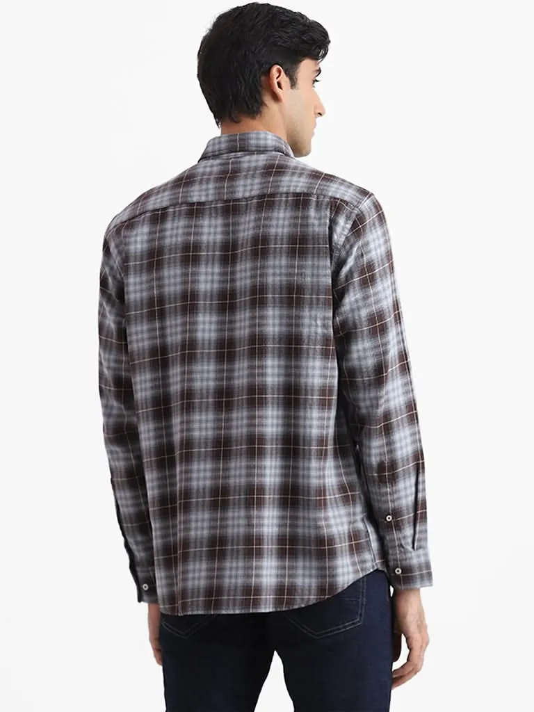 Ascot Ash Blue & Brown Printed Checkered Cotton Relaxed-Fit Shirt