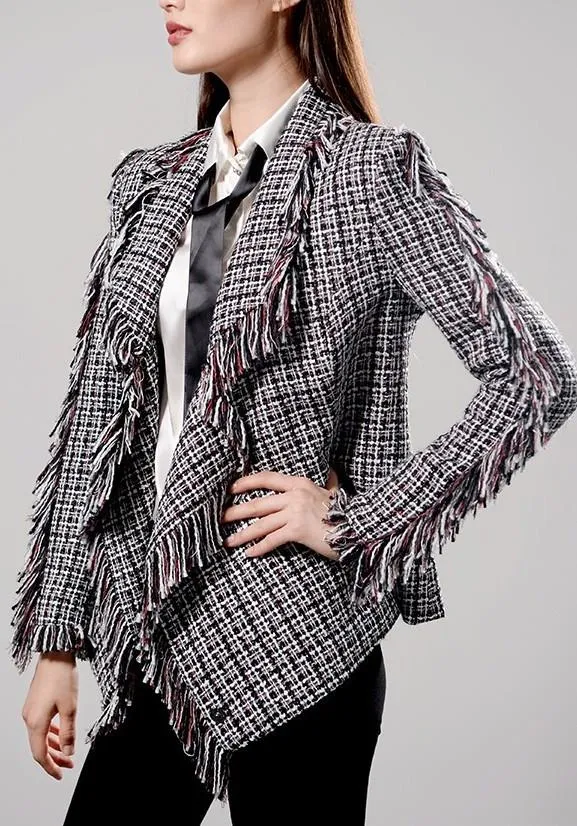 Asymmetric Fringed Tweed Jacket