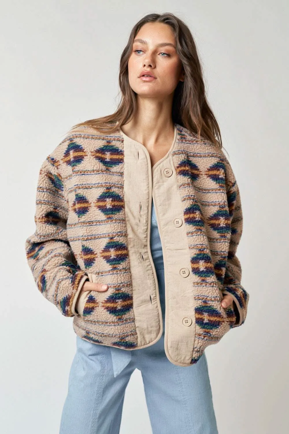 Aztec Printed Sherpa Jacket with Pockets