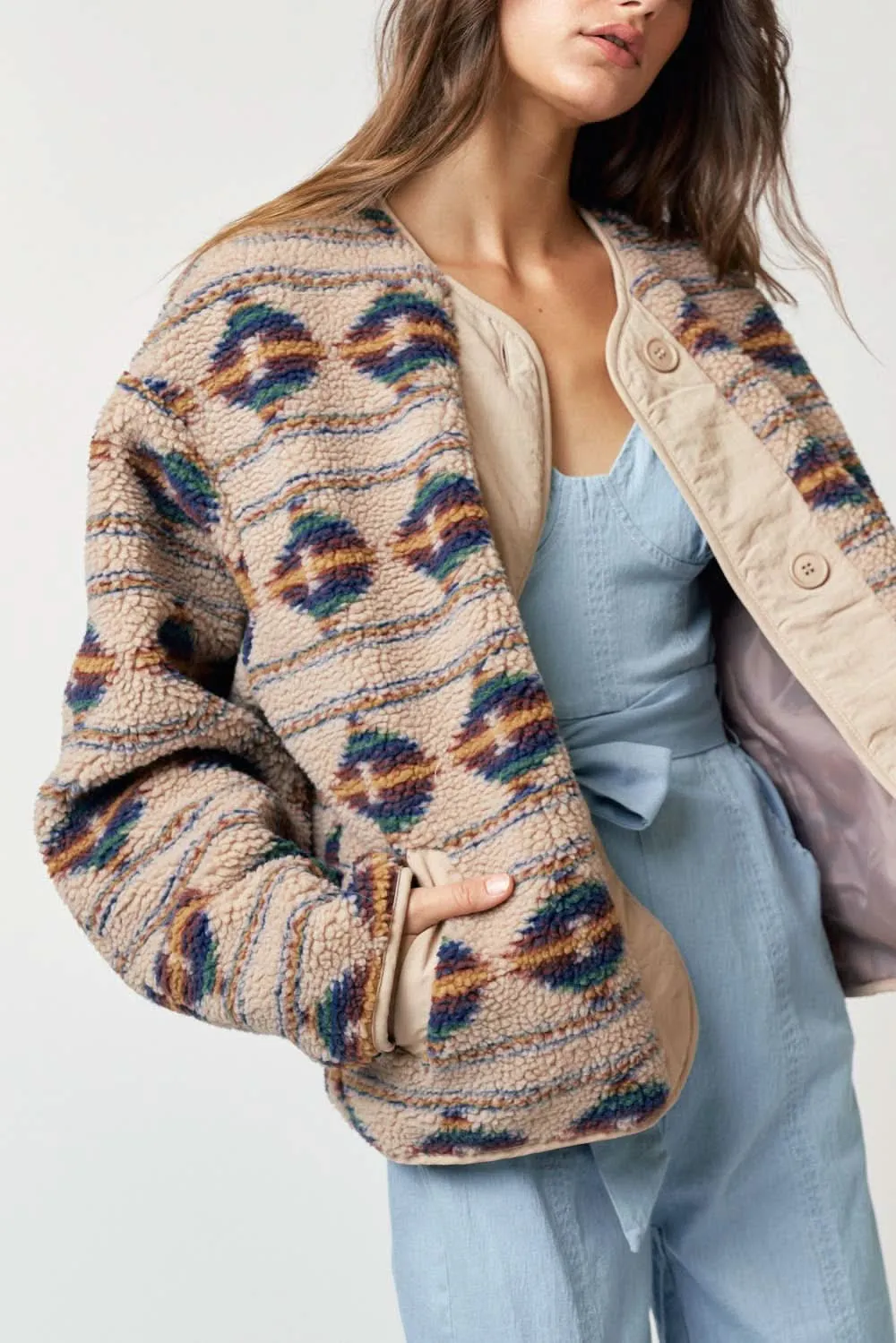 Aztec Printed Sherpa Jacket with Pockets