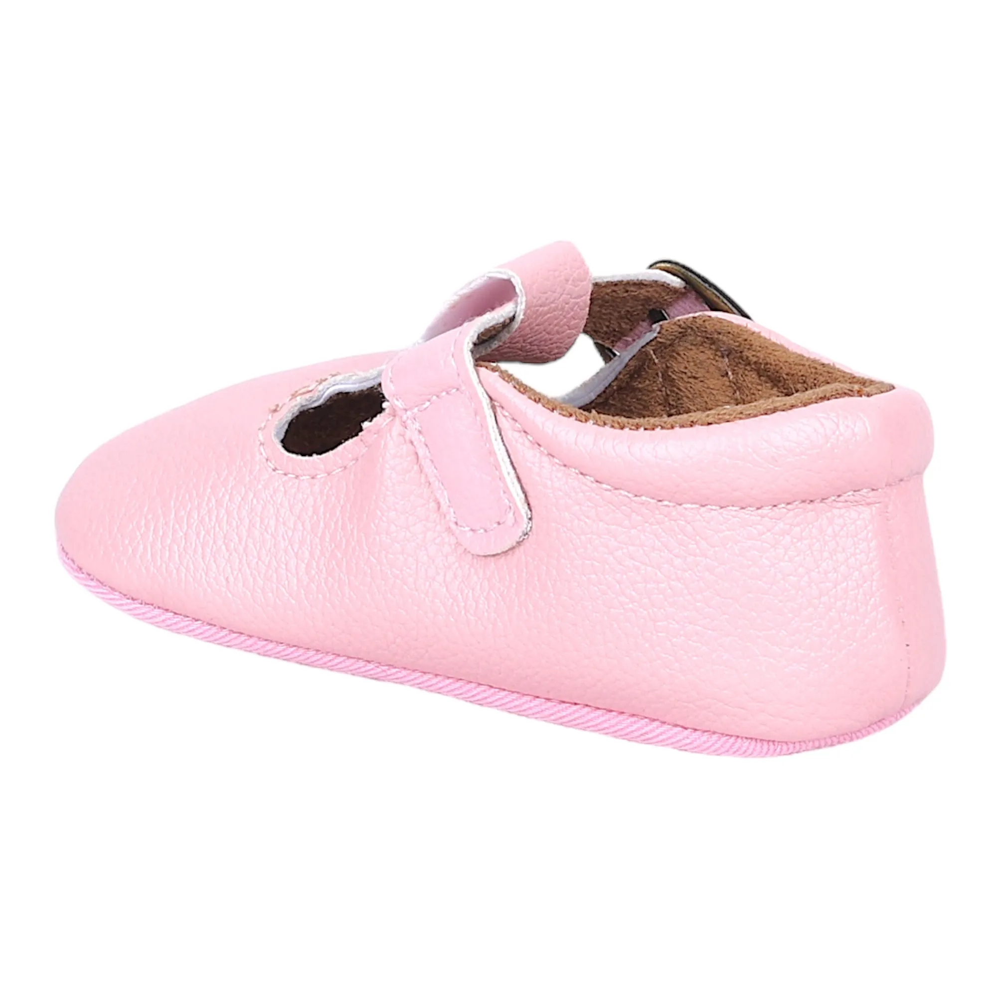 Baby Moo Textured Leather T-Strap Velcro Buckle Anti-Skid Ballerina Pram Shoes - Pink