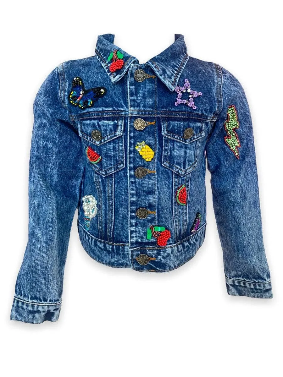 Beaded Crystal Fruit Crop Denim Jacket