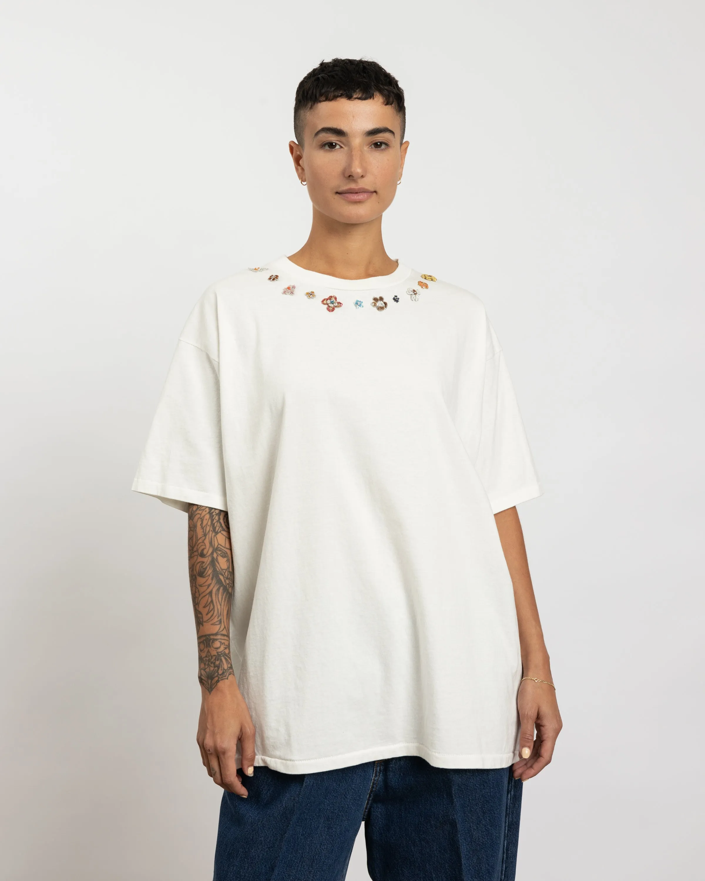 Beaded Necklace Tee in White