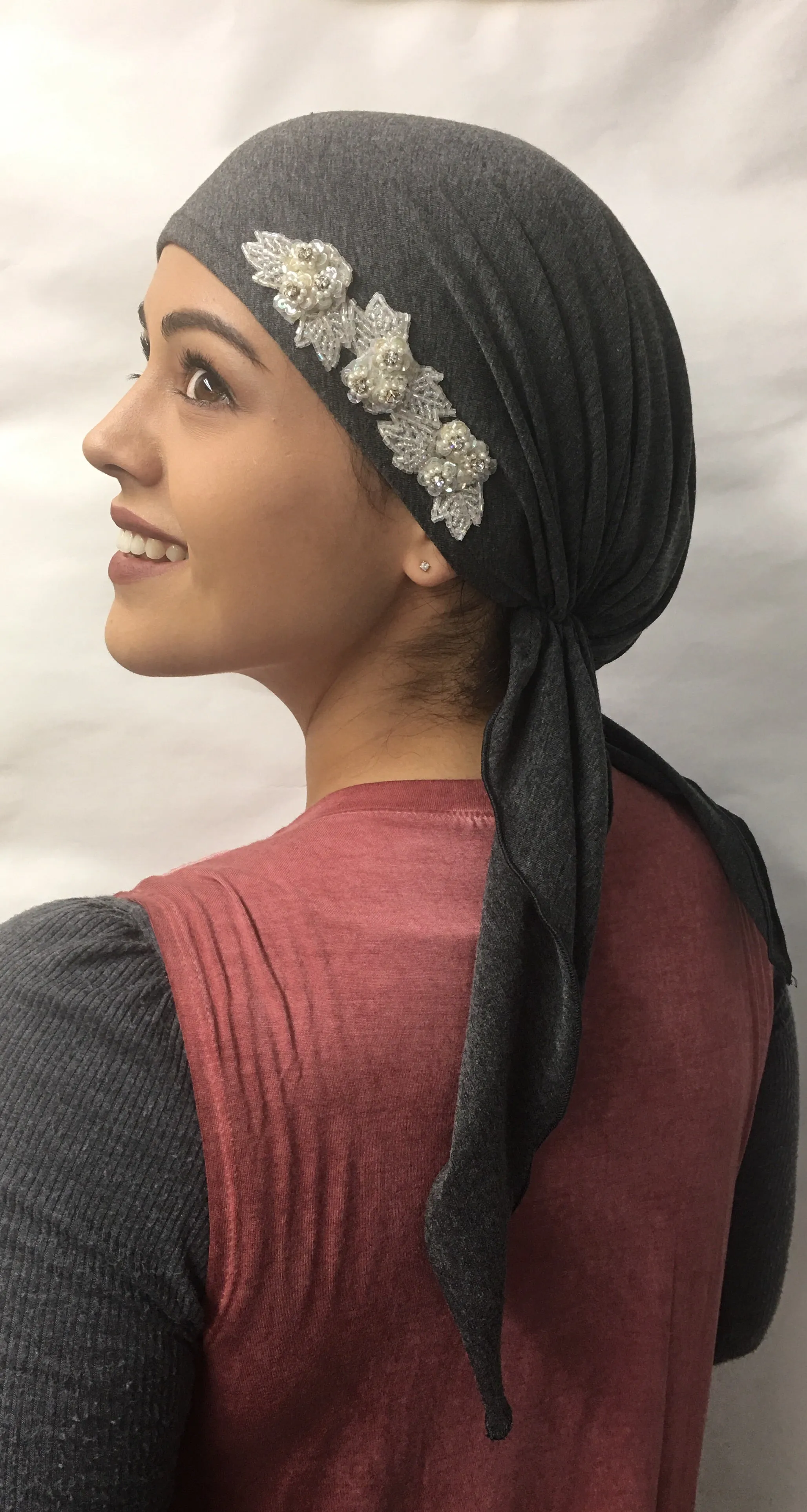 Black Head Scarf | With Sparkly Design | Headwear For Women Dressy Formal Fancy Pre-Tied Hair Scarf | Made in USA