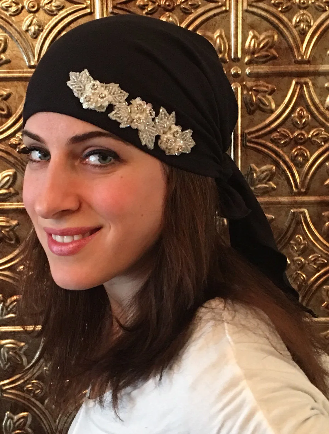 Black Head Scarf | With Sparkly Design | Headwear For Women Dressy Formal Fancy Pre-Tied Hair Scarf | Made in USA