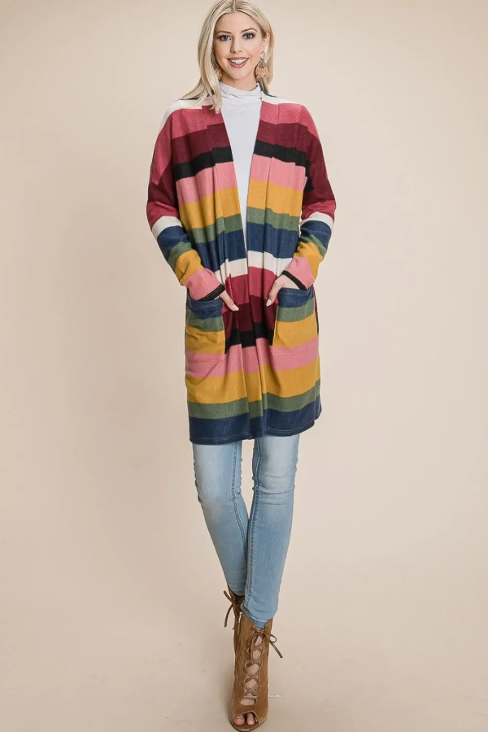 BOMBOM Color Block Striped Open Front Cardigan