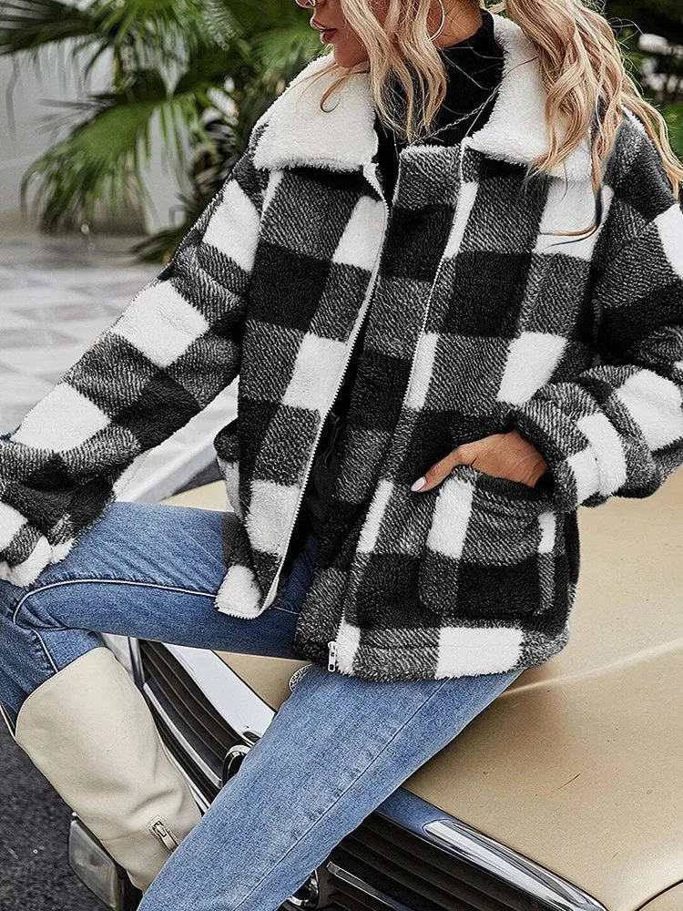 Coats Zip Up Lapel Collar Plaid Coat for Women