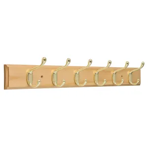 cozy 27 In. Hook Rail W/6 Heavy Duty Coat And Hat Hooks, Lacquered Pine & Brass Plated