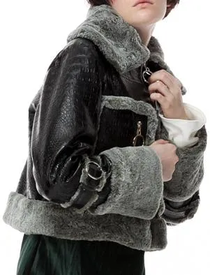 Crocodile Effect Faux-Leather Bomber Jacket with Fur Trim