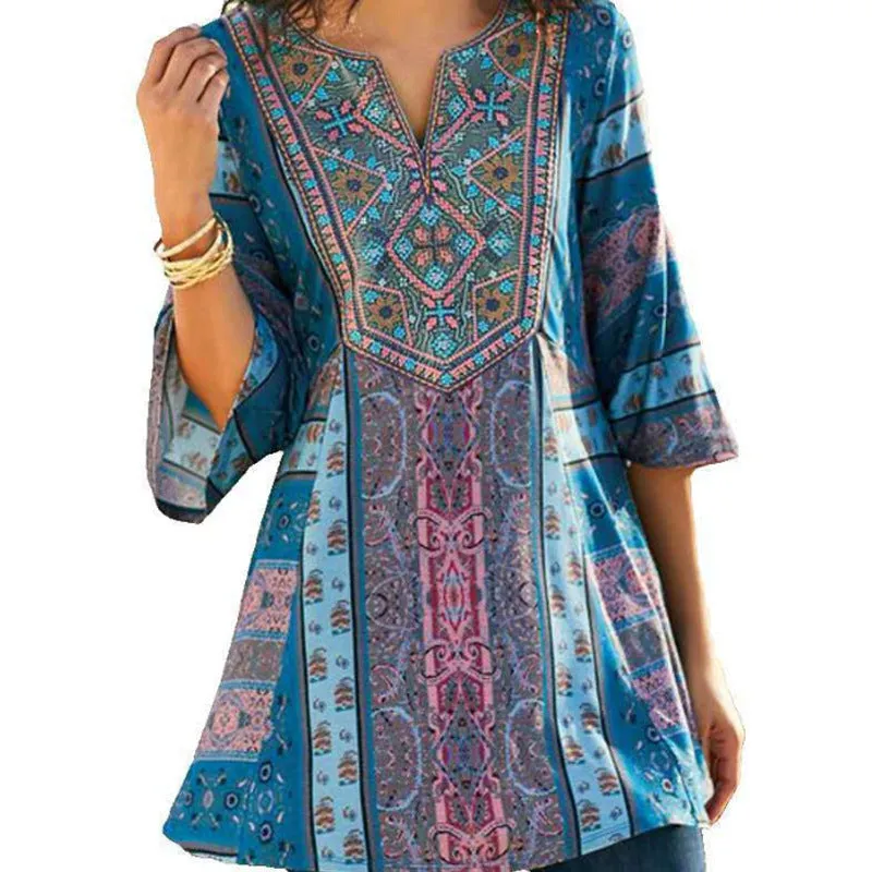 Fashion casual V-neck printed bohemian top