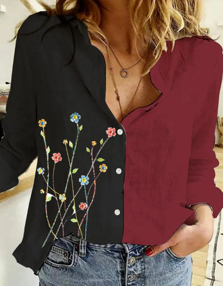 Fashion contrast color printing lapel long sleeve shirt women