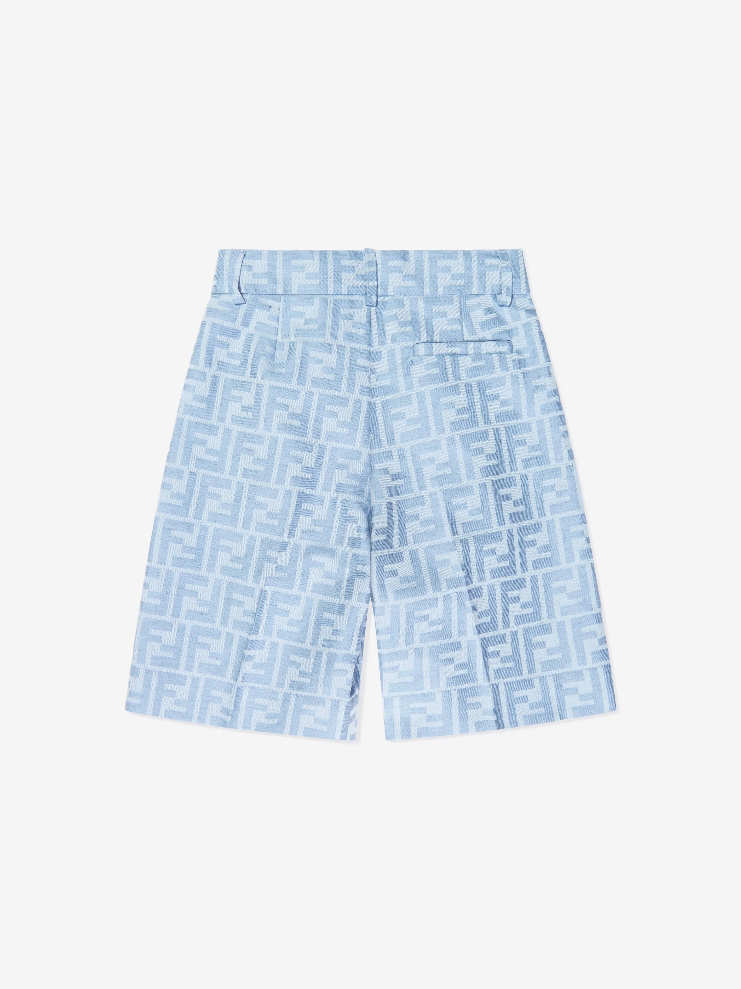 Fendi Boys Linen FF Jacquard Bermuda Shorts in Blue