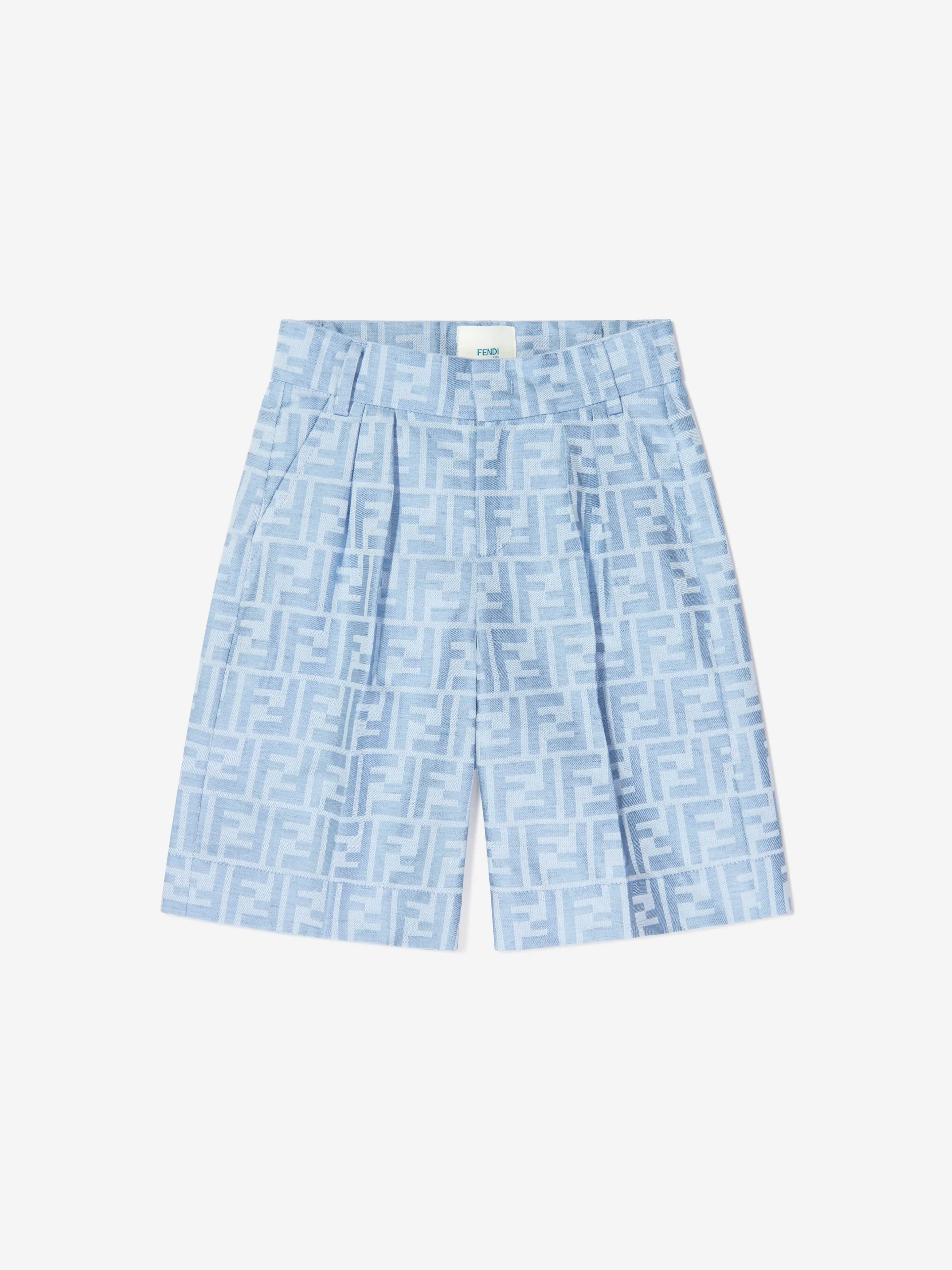 Fendi Boys Linen FF Jacquard Bermuda Shorts in Blue