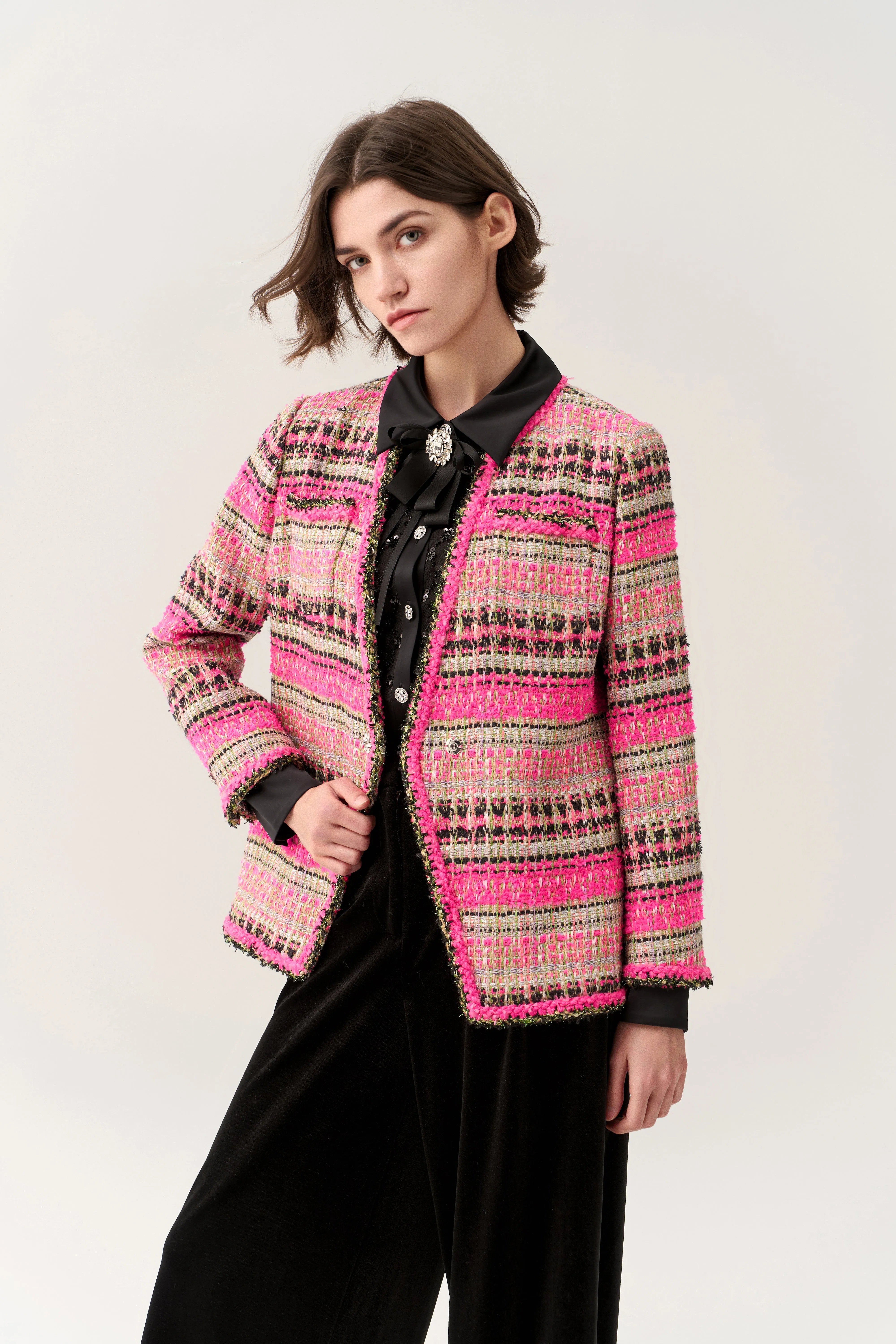 Fuchsia Shawl-lapel Striped Jacket