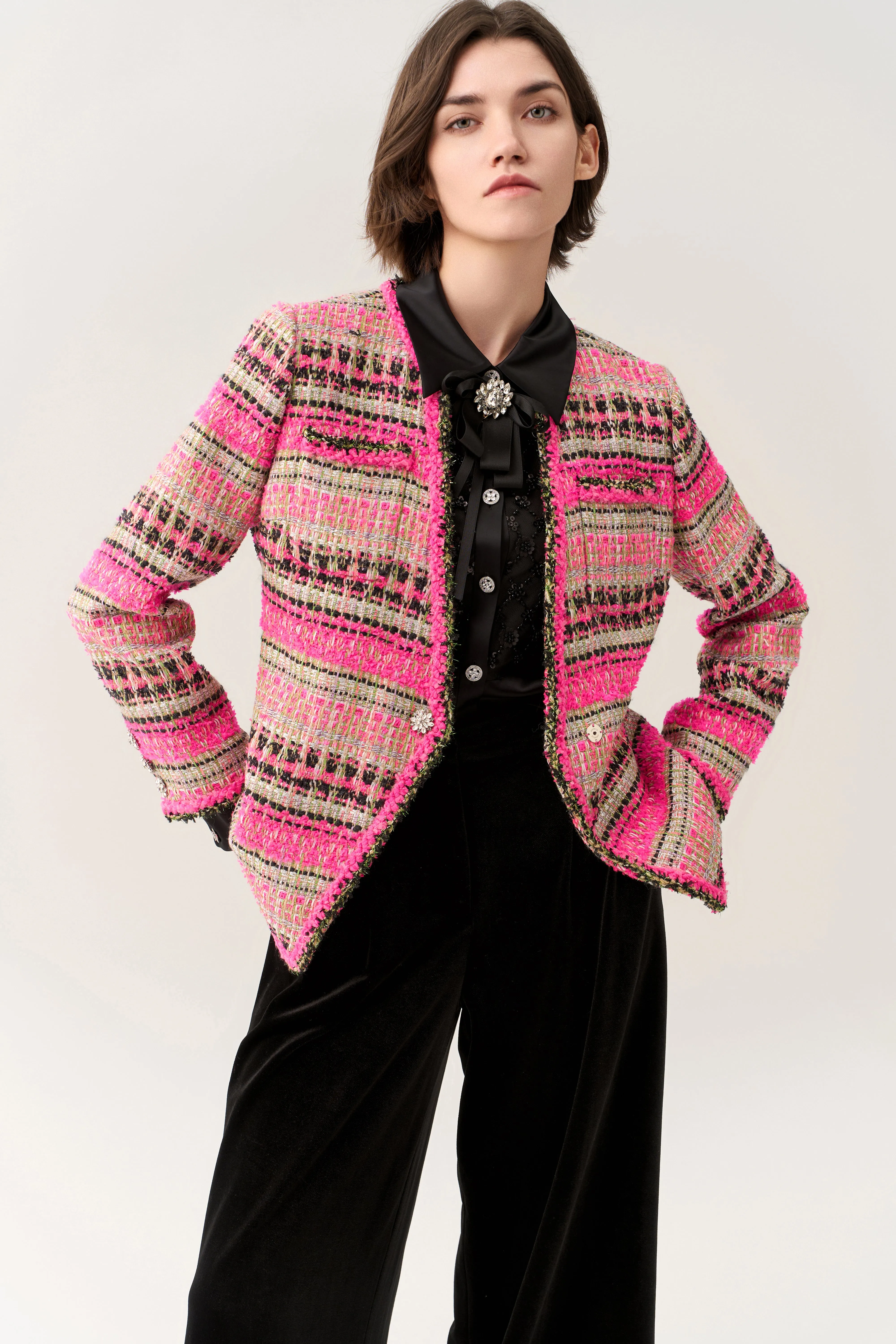 Fuchsia Shawl-lapel Striped Jacket