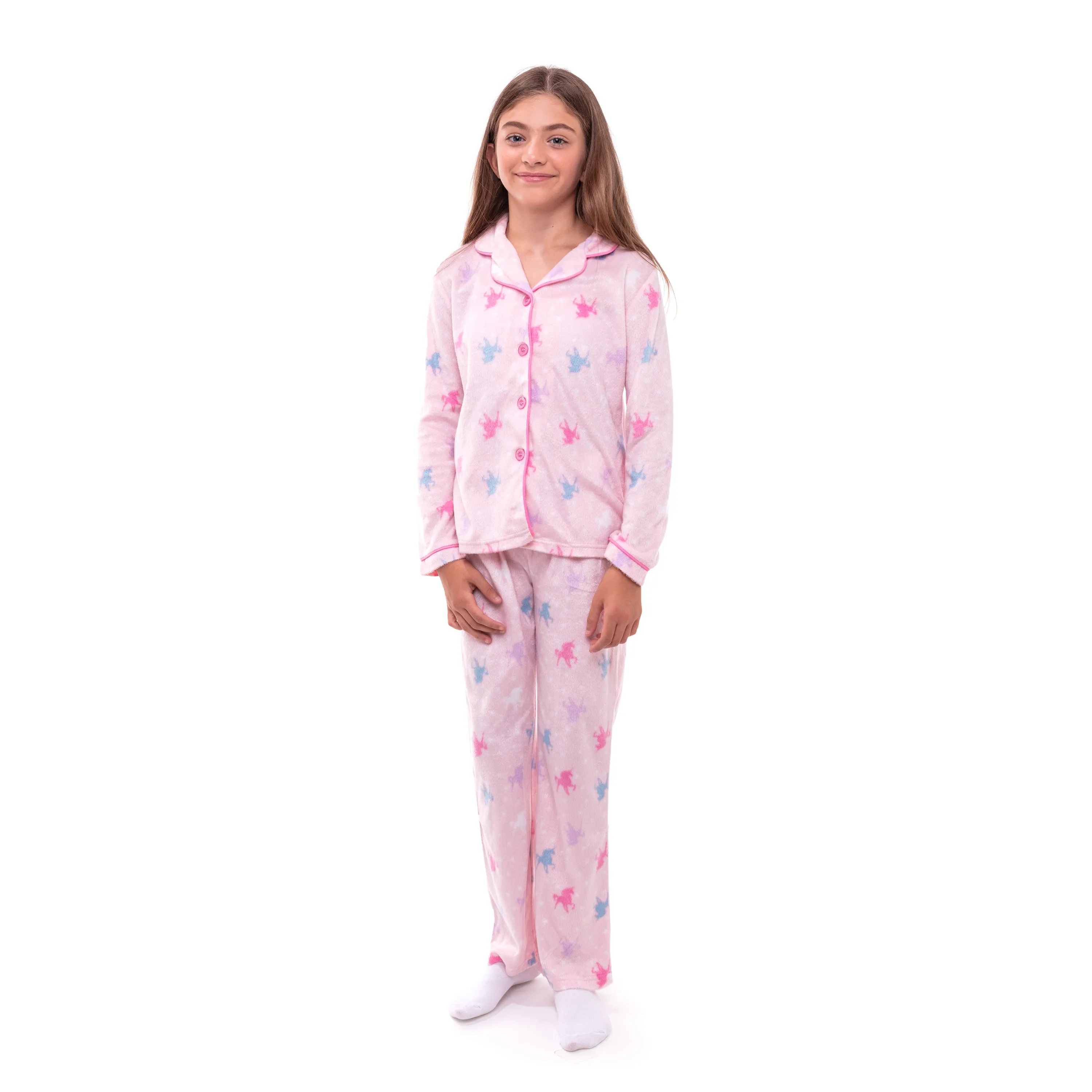 Girls Unicorn 2-Piece Button Up Fleece Coat Pajama Sleep Set