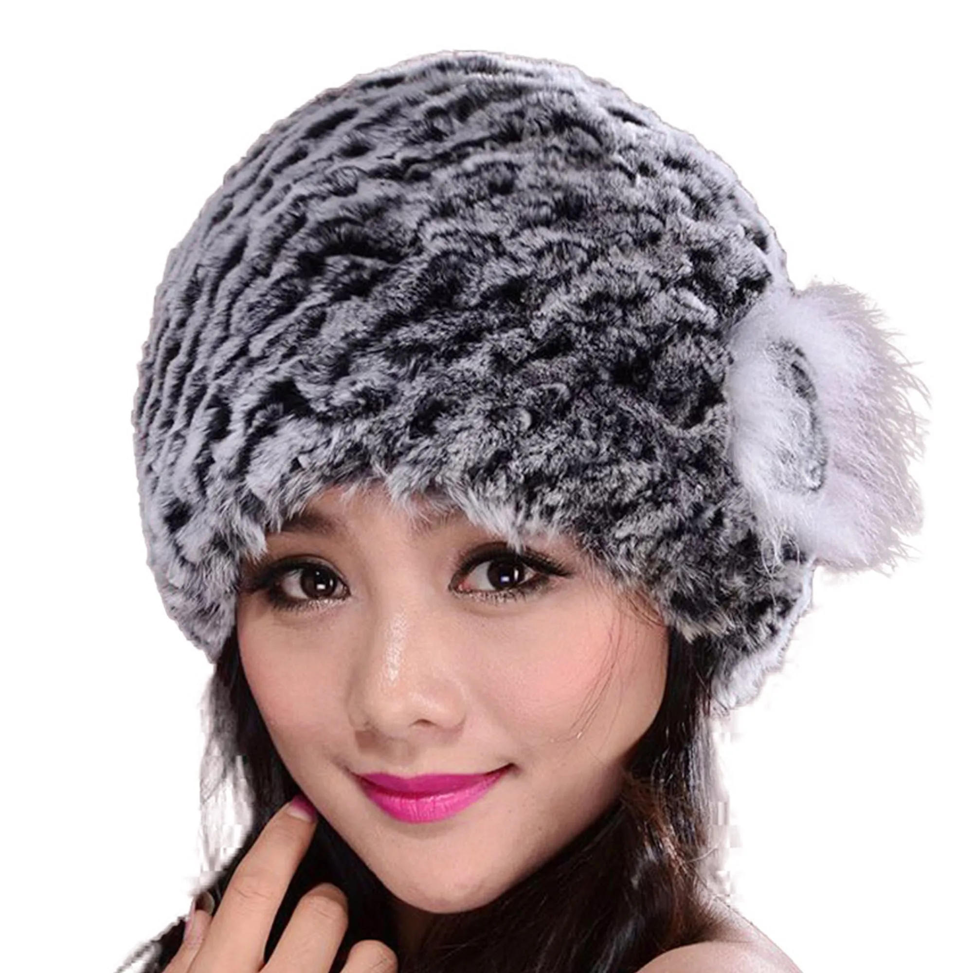 Hat Women Knitted Real Rex Rabbit Fur Hat Fur Cap Thick Beanie Fox Fur Flower Decoration Headgear Headdress Head Warmer Knitted Hats for Women FS14628