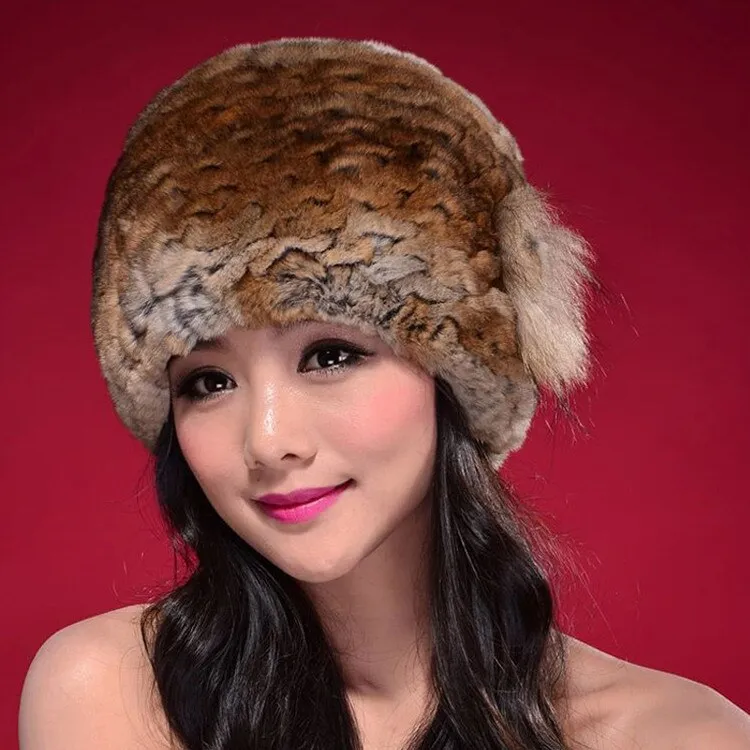 Hat Women Knitted Real Rex Rabbit Fur Hat Fur Cap Thick Beanie Fox Fur Flower Decoration Headgear Headdress Head Warmer Knitted Hats for Women FS14628