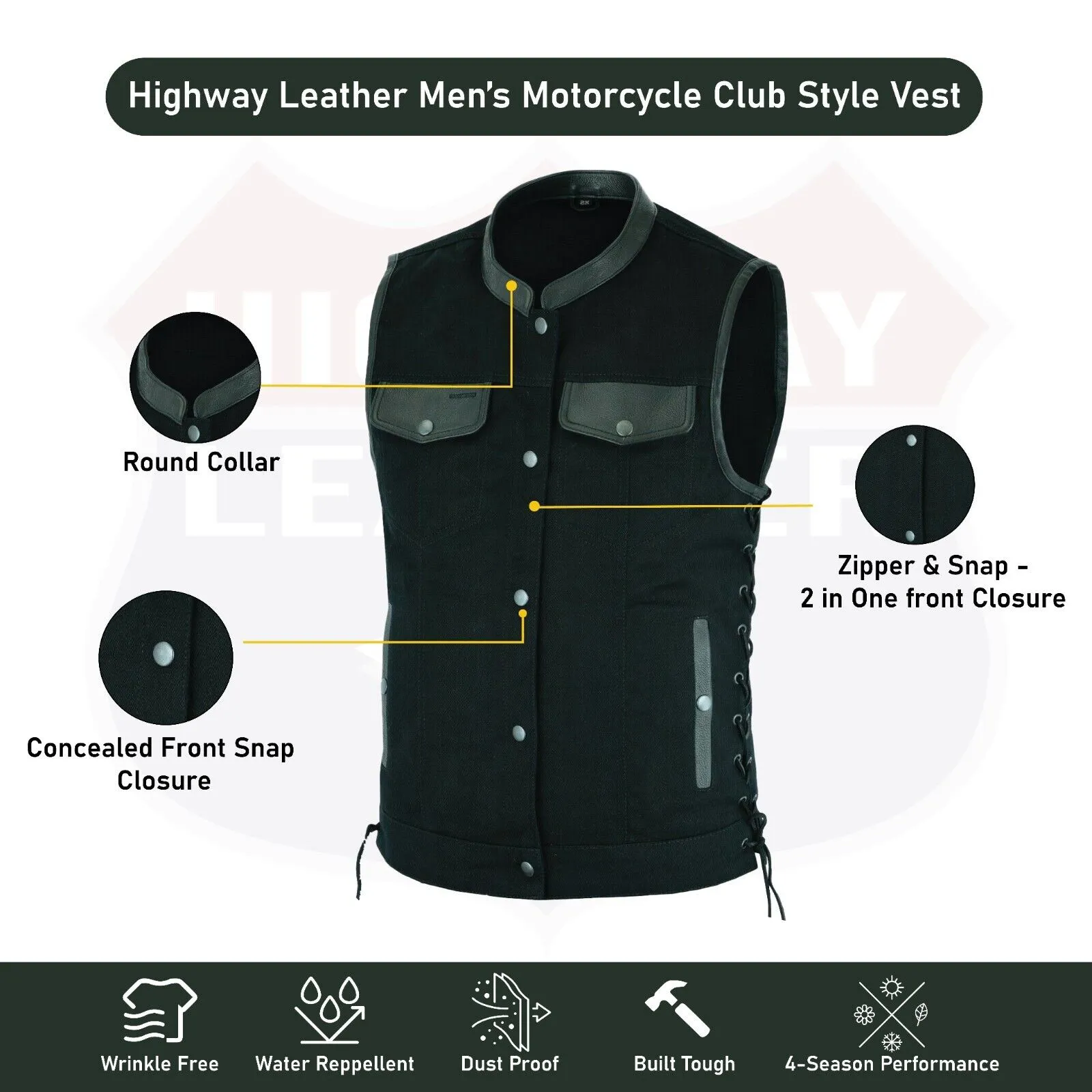 HL21685BLACK Men's Motorcycle Denim OUTLAW SOA Club Style Vest with Side Laces