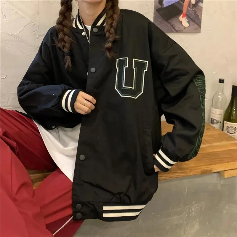 Joskaa Christmas Gift Spring Jacket Women Windbreaker Coat Letter Harajuku Loose Baseball Uniform Streetwear Casual Basic Coat Oversize All-match Tops