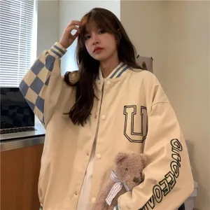 Joskaa Christmas Gift Spring Jacket Women Windbreaker Coat Letter Harajuku Loose Baseball Uniform Streetwear Casual Basic Coat Oversize All-match Tops