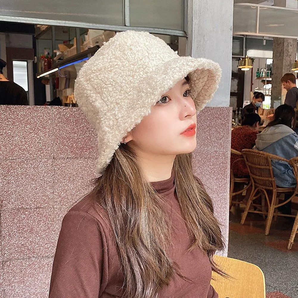 Lamb Wool Faux Fur Warm Winter Borg Winter Bucket Hats For Women