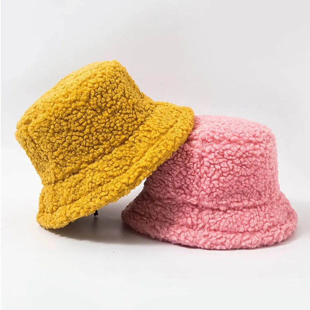 Lamb Wool Faux Fur Warm Winter Borg Winter Bucket Hats For Women