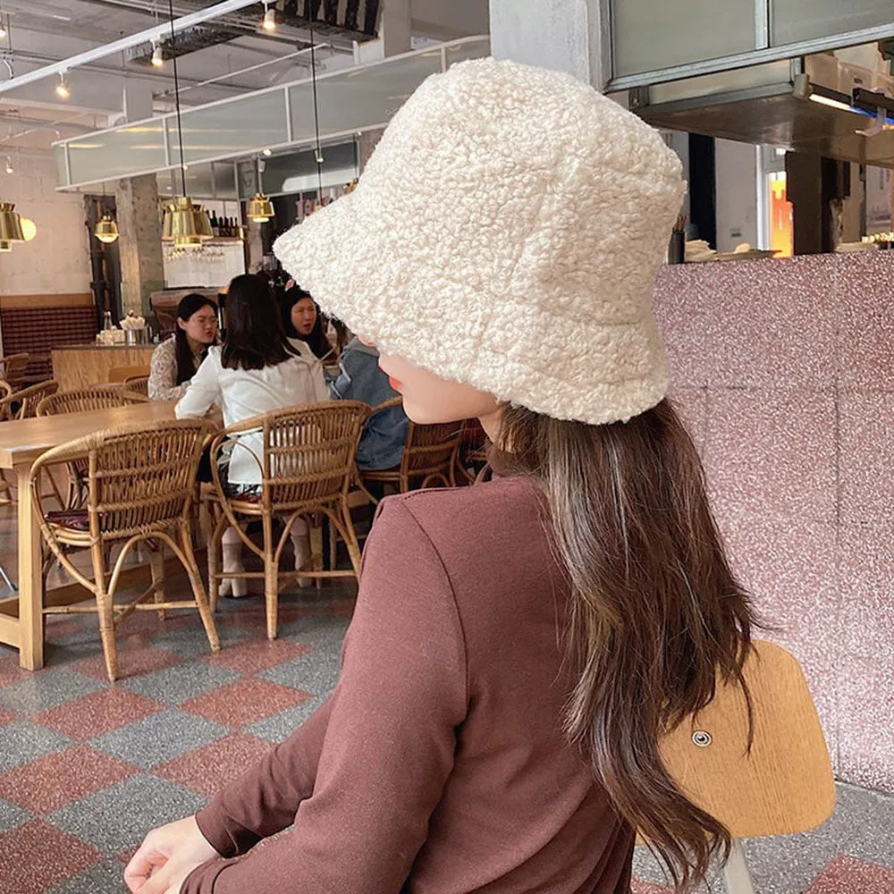 Lamb Wool Faux Fur Warm Winter Borg Winter Bucket Hats For Women