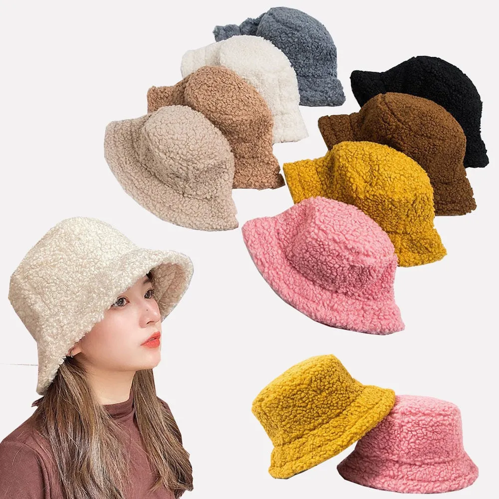 Lamb Wool Faux Fur Warm Winter Borg Winter Bucket Hats For Women