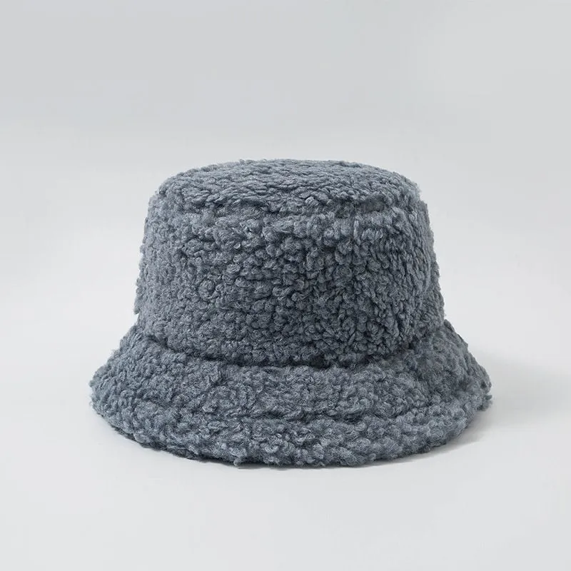 Lamb Wool Faux Fur Warm Winter Borg Winter Bucket Hats For Women