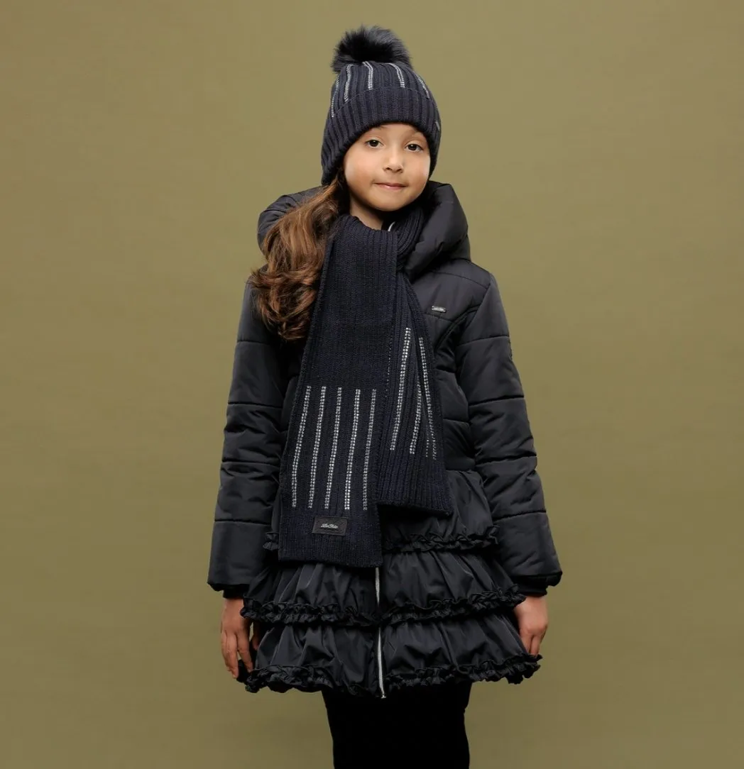 Le Chic Girls Navy Blue Diamanté Faux Fur Pom Pom Hat