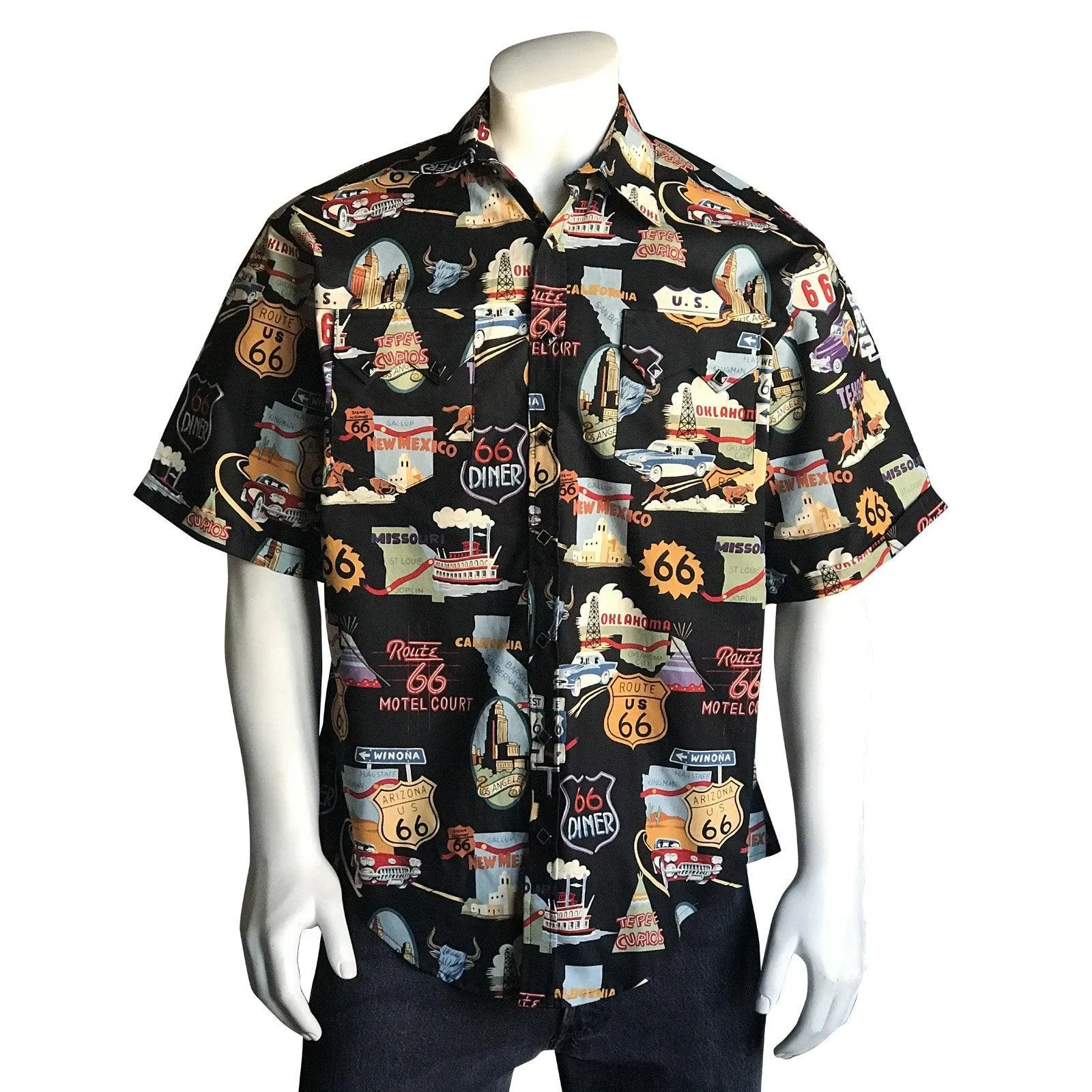 Men’s Route 66 Print Short Sleeve Western Shirt in Black