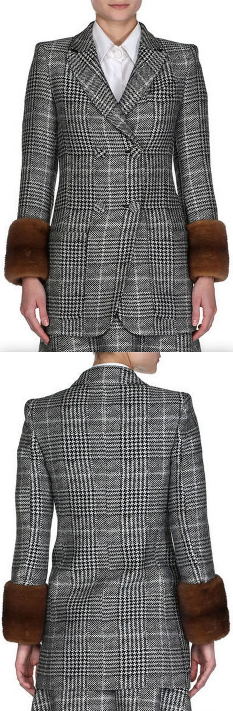 Mink-Cuff Prince of Wales Check Jacket