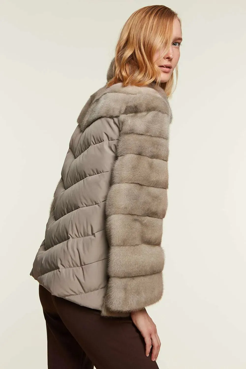 Mink jacket with textile inserts