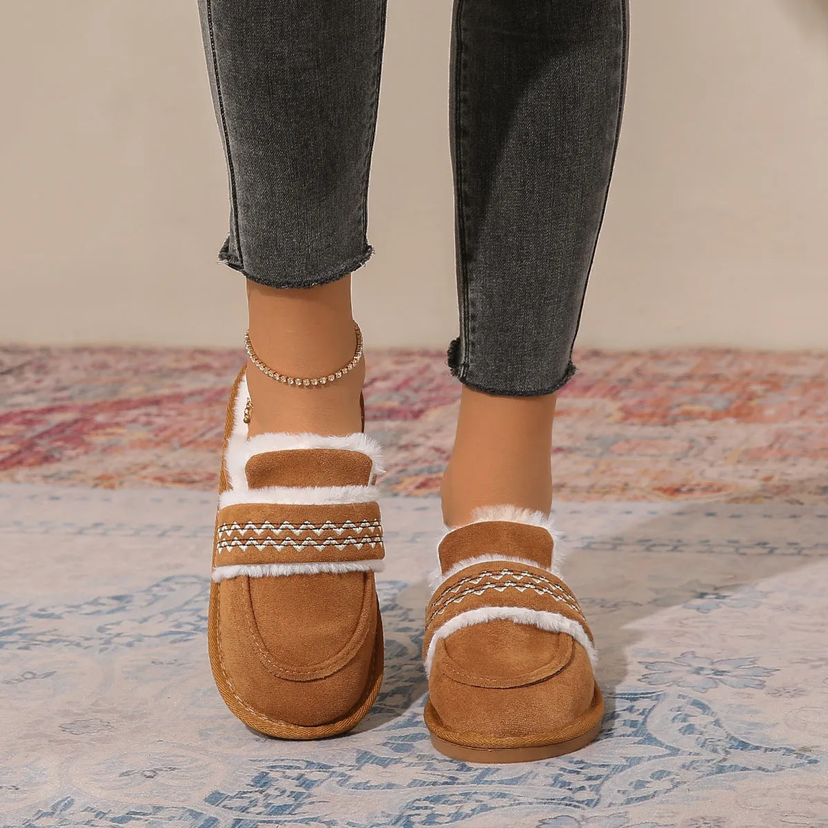 Owlkay Winter Fleece-Lined Warm Comfortable Soft-Sole Cotton Shoes