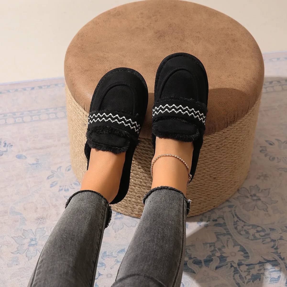 Owlkay Winter Fleece-Lined Warm Comfortable Soft-Sole Cotton Shoes