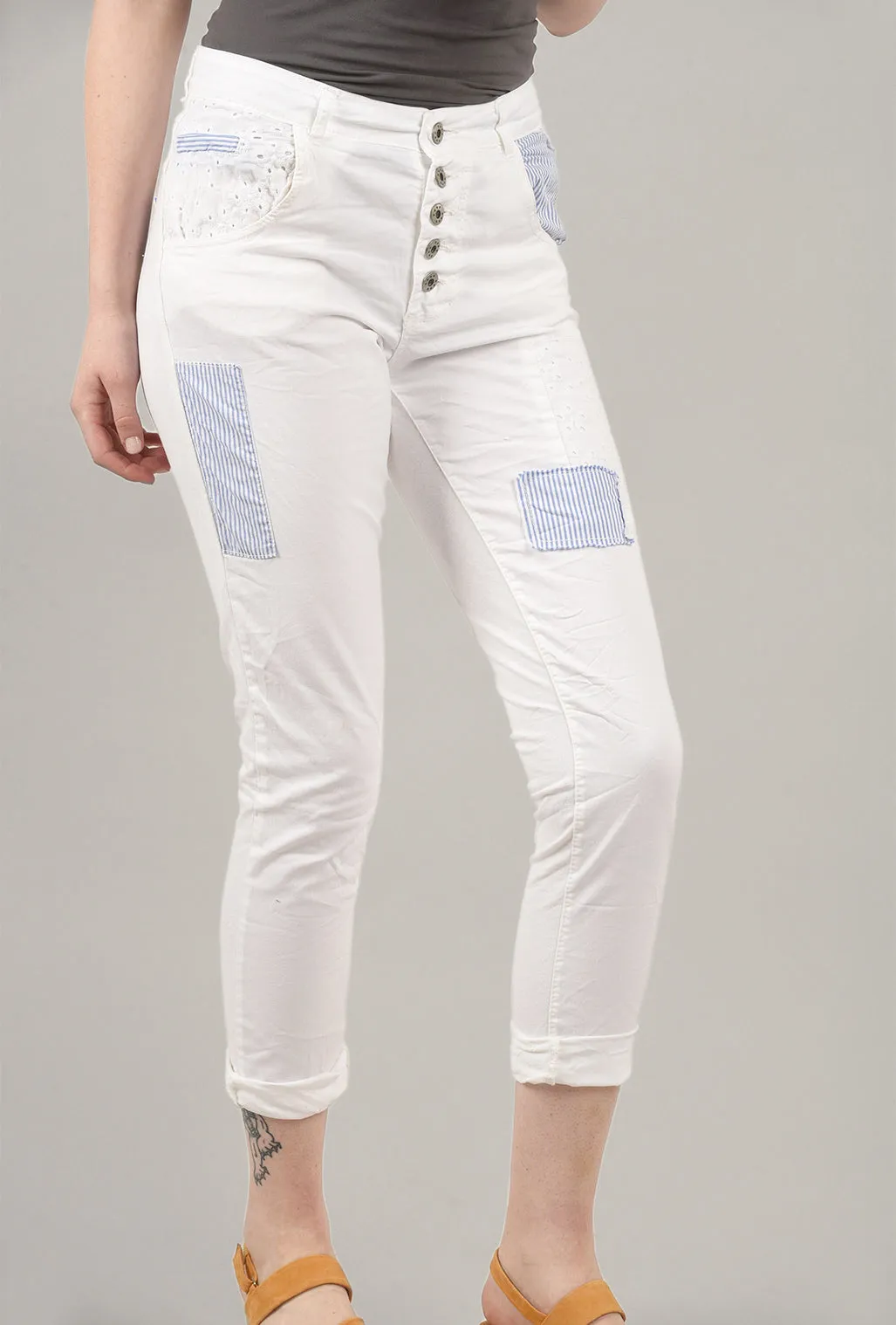 Patchwork Button-Fly Pants, White