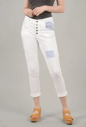 Patchwork Button-Fly Pants, White