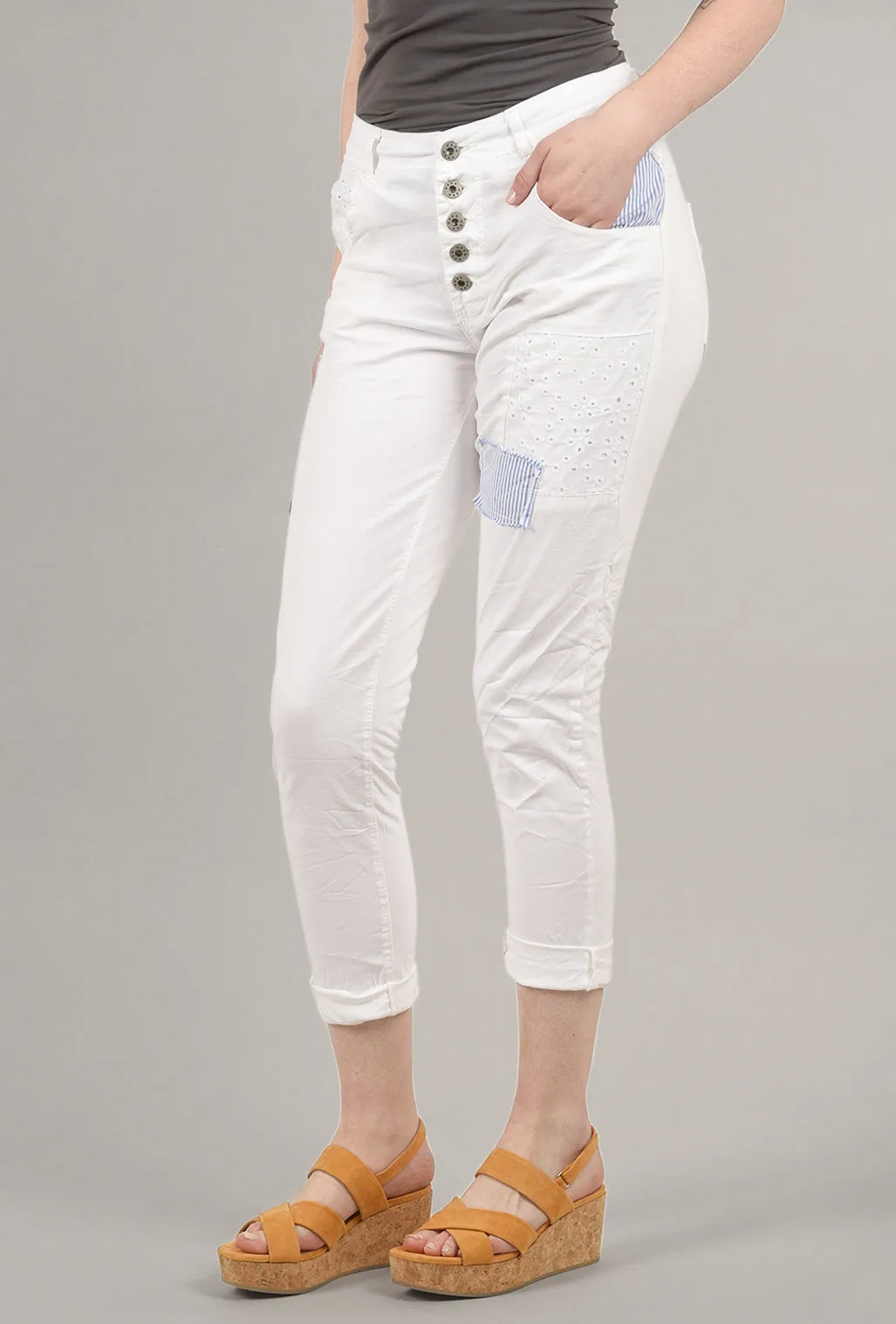 Patchwork Button-Fly Pants, White