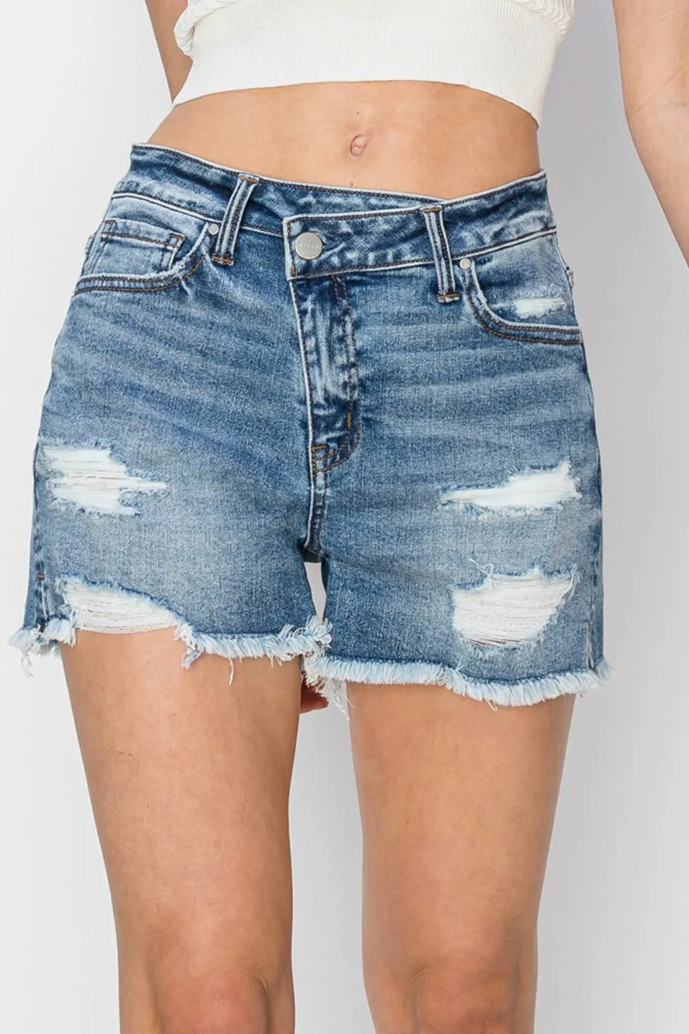 RISEN High Waist Stepped Waist Side Slit Frayed hem Denim Shorts