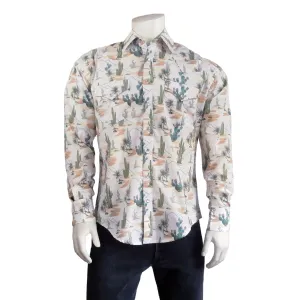 Rockmount Mens White Cotton Blend Vintage Desert Cactus L/S Shirt