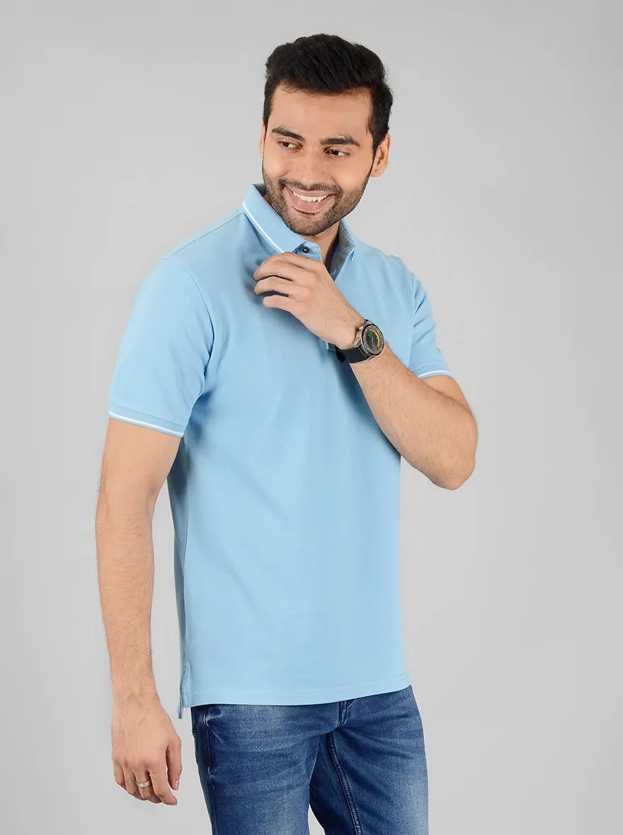 Sky Blue Solid Slim Fit Polo T-Shirt | JadeBlue