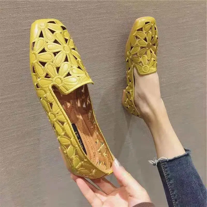 Square Toe Hollow Cut-Out Design Slip-on Women Comfortable Shoes